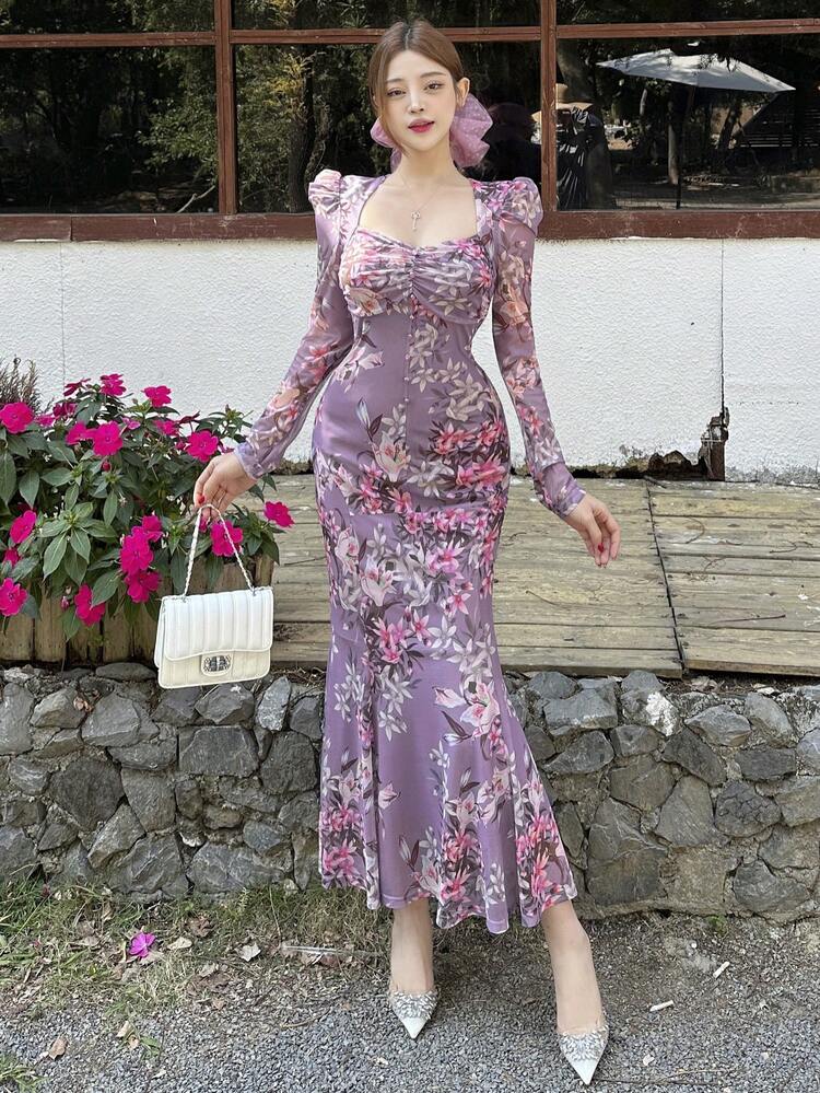 Women's Long Sleeve Sweetheart Collar Floral Print Mid-Length Wrap Dress Summer Elegant Easter Dress