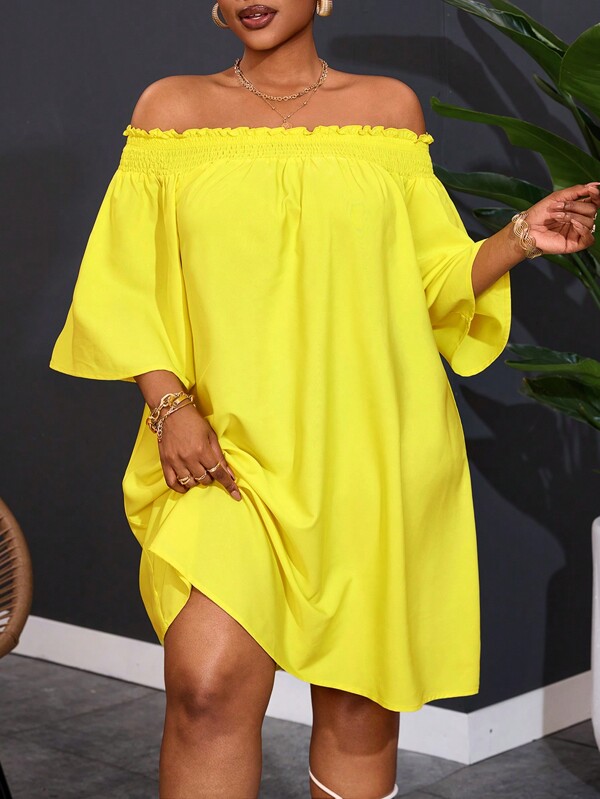 Slaydiva Plus Size Women's Off Shoulder Elegant Commuter Vacation A-Line Dress,Beach Dress Sundress,Holiday Outfits Boho