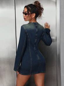 SHEIN ICON Women's Stand Collar Long Sleeve Fitted Short Denim Dress