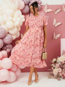 Loomaby Maternity Elegant Ditsy Floral Puff Sleeve Party Dress, Gender Reveal Dress - Pink - View 3