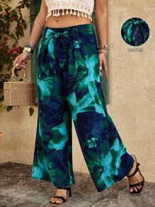 SHEIN Clasi Pantalon décontracté ample avec taille à nouer et jambes larges, imprimé floral, tailles plus pour femmes - Multicolore - Voir 3