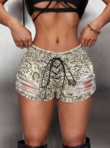 SHEIN ICON Women's Casual Front Tie Distressed Slim Fit Denim Shorts