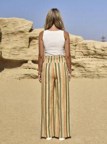 LanaWest Pantalones casuales de vacaciones con cordón para la cintura y rayas de colores del arcoíris, estilo country para festivales de música