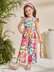 Set de 2 piezas: Blusa con volantes con estampado floral diminuto tejido y pantalón ancho suelto con el mismo estampado floral diminuto tejido para niñas jóvenes