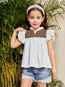 Jong meisje Ditsy Floral Stand Collar Volant Zoom Getailleerd Shirt