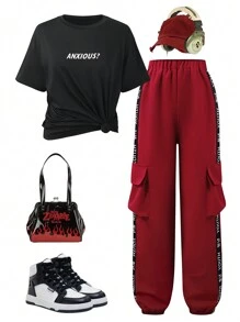 Teen Girl Letter Print Black Tee & Red Cargo Pants 2 Pieces Set