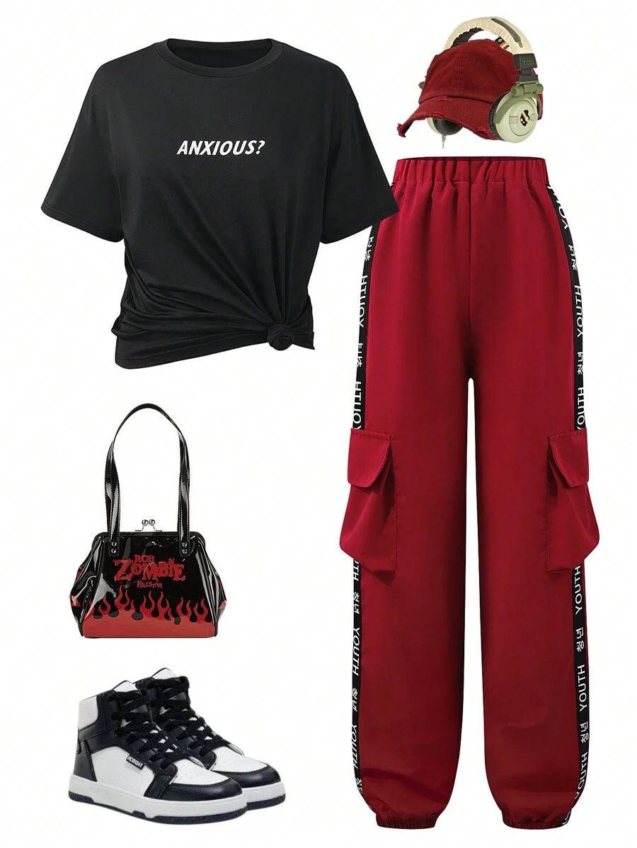 Teen Girl Letter Print Black Tee & Red Cargo Pants 2 Pieces Set