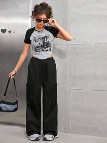 SHEIN 2pcs/Set Teen Girls Portrait Colorblock T-Shirt And Pocket Long Pants Outfit