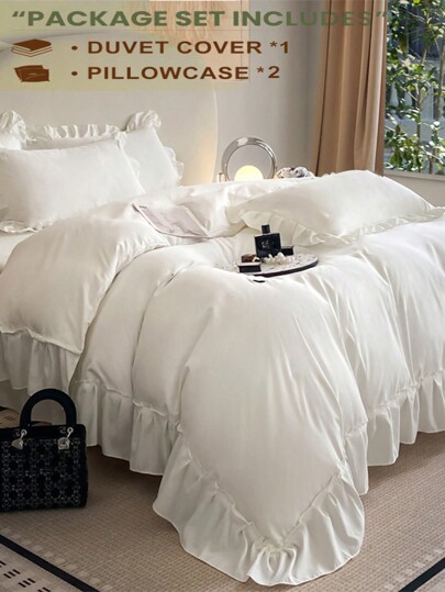 3pcs White Ultra-Soft Skin-Friendly Ruffle Floral Bedding Set - 1 Duvet Cover, 2 Pillow Shams, Excluding Filling, Machine Washable