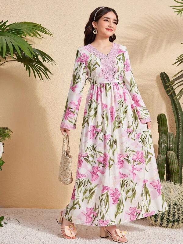 Teen Girl Dress, Pink & Green Floral Print Dress With Lace Trim V-Neck And Cuffs, Elegant, Waist Ruched Full Swing Dress, Long Sleeve Dress, Spring/Summer,Holiday,Summer,Travel