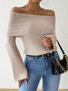 Chiquease Autumn/Winter New Fashion Solid Color Rectangular Off Shoulder Sweater Top Knit Pullover Fall Outfit - Apricot - View 6