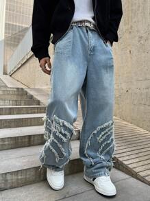 Manfinity EMRG Jeans casuales de pierna ancha con bolsillo remendado y deshilachado para hombres