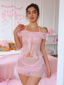 PetitDoll 3pcs Women's Lightweight Sheer Ruched Sexy Lingerie Set - Pink - View 5