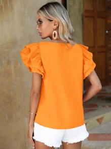 SHEIN Clasi Blusa de manga corta de unicolor informal de vacaciones - Naranja - Ver 2