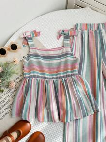 LMoss Kids LMoss 2pcs/Set Tween Girls Woven Striped Ruched Camisole And Loose Casual Pants Set - Multicolor - View 5