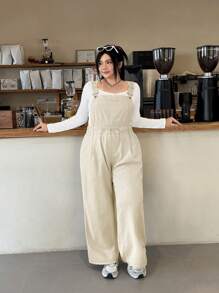 SHEIN EZwear 大码女式口袋阔腿宽松休闲牛仔连体裤 - 杏色 - 查看 3