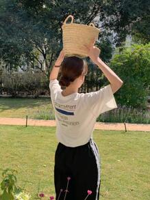 DAZY 女士和青少年女孩圆领纯色字母印花短袖T恤可爱上衣超大T恤 - 白色 - 查看 4