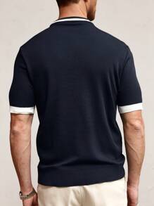 RONVEXI Men's Contrast Color Splicing Cuff Crew Neck Short Sleeve Knit Top Nice Shirts For Men's Old Money - Navy Blue - View 2