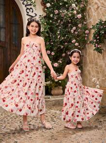 SHEIN Girls Floral Print Elegant Sleeveless Dress, Family Matching Outfits (2 Pieces Sold Separately)