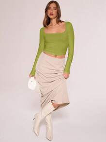 MUSERA Square Neck Fitted Long Sleeve Crop Top Vacation Casual Spring Summer - Olive Green - View 4