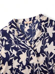 LUVLETTE Autumn And Winter Women's Basic Floral Pattern Satin Button-Up Long Pajama Set Lounge Sets Pants With Pockets Lounge Sets For Women Lingerie Fall Pajamas Clothes - Navy Blue - View 5