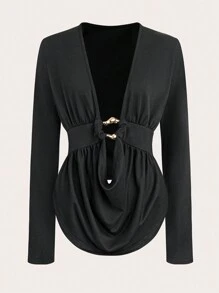 SHEIN LUNE 大码纯色褶皱长袖修身休闲衬衫，适合度假