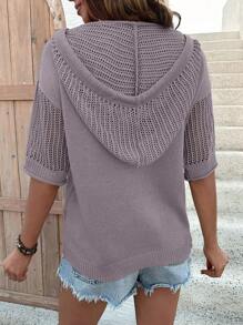 SHEIN LUNE Suéter de punto con capucha hueca de manga corta y hombros caídos de unicolor para mujer