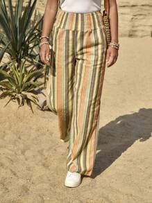 LanaWest Pantalones casuales de vacaciones con cordón para la cintura y rayas de colores del arcoíris, estilo country para festivales de música