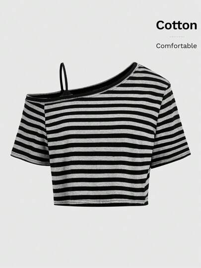 Grunge Punk T-shirt rayé asymétrique pour femmes