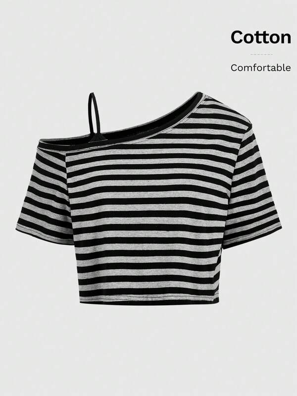 ROMWE Grunge Punk Camiseta de mujer con hombros asimétricos a rayas