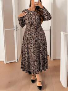 SHEIN Clasi Váy dài tay họa tiết da báo thường ngày cho nữ, trang phục Maxi mùa thu cho nữ - màu nâu - Xem 3