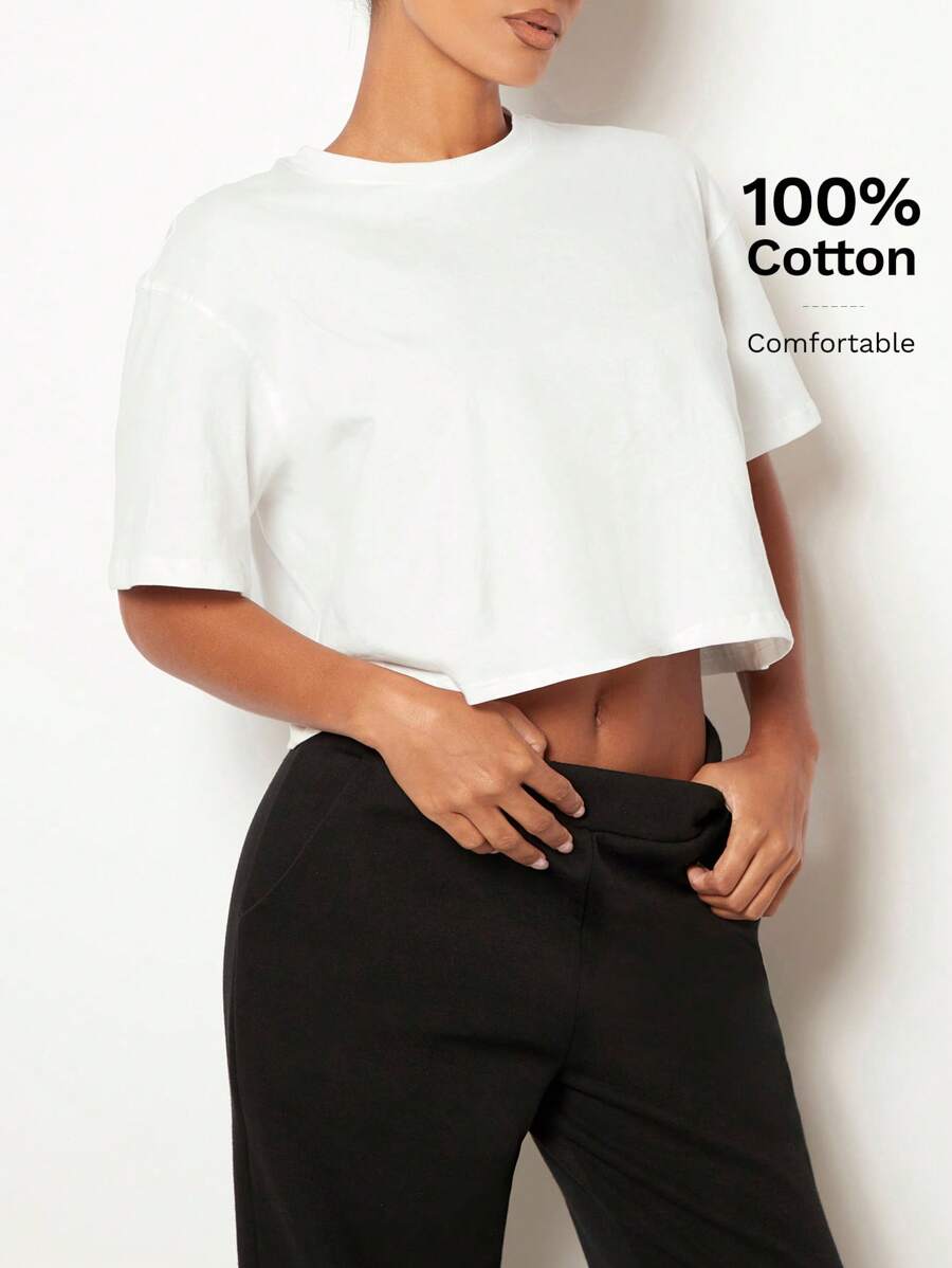 SHEIN BASICS Round Neck Casual Drop Shoulder Solid Crop Tee