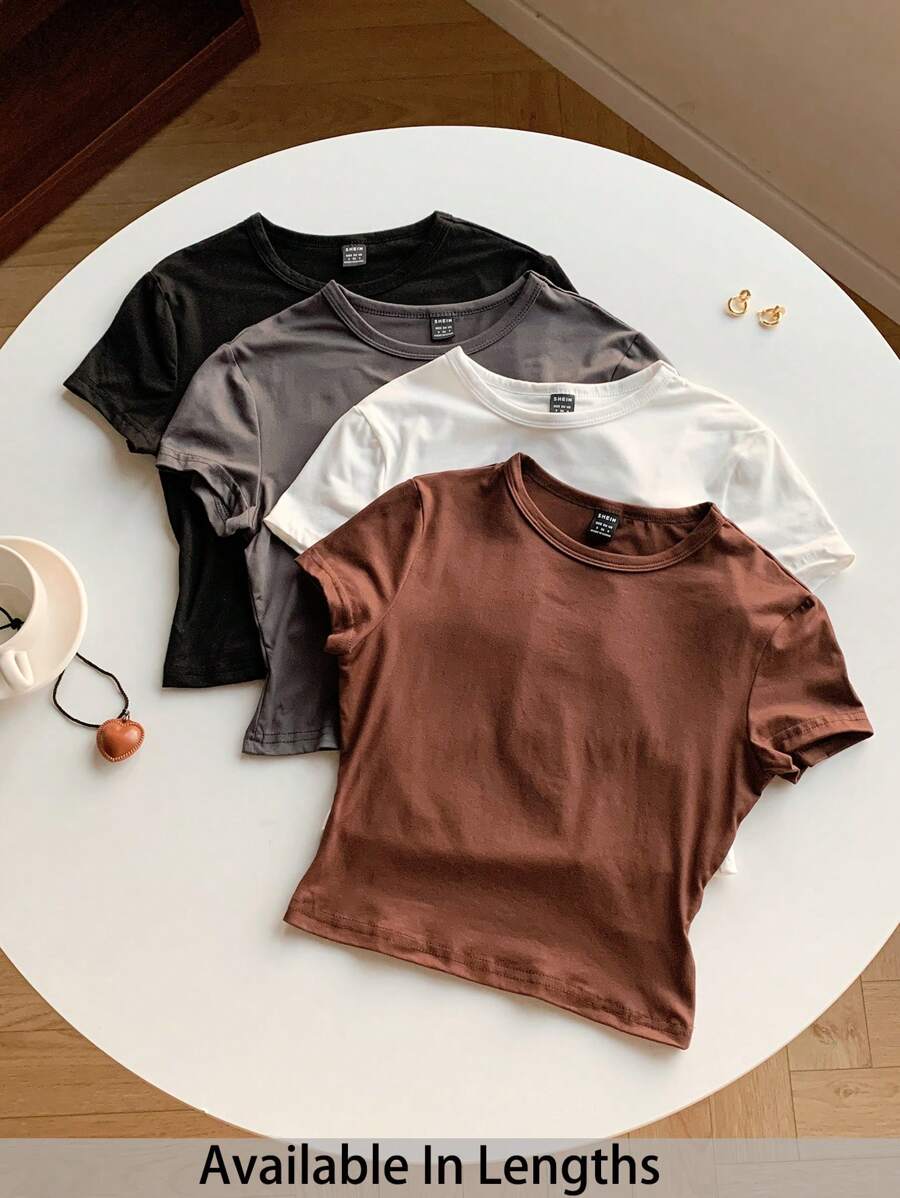 SHEIN Tall CURVE Bộ 4 áo crop top cổ tròn tay ngắn dáng ôm dáng cỡ lớn dành cho nữ, thích hợp mặc mùa hè, đồng quê, trang phục miền Tây dành cho nữ, mùa hè dành cho nữ, đồ họa dành cho nữ, hòa nhạc dành cho nữ, lễ hội Rave, thời trang đường phố dành cho nữ, tốt nghiệp dành cho nữ - Nhiều màu - Xem 1