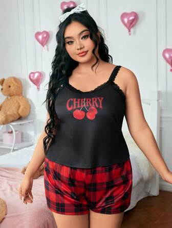 Kawaii Ensemble pyjama avec camisole en patchwork de dentelle, imprimé de cerises et carreaux, taille grande, décontracté
