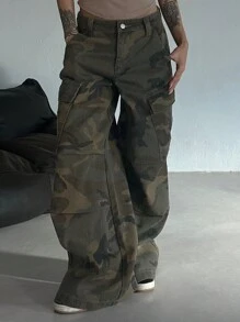 DAZY Women's Camouflage Cargo Wide Leg Denim Jeans - Brown - View 4