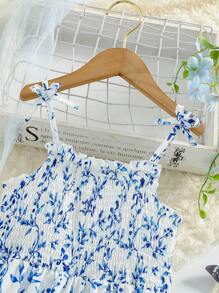 Young Girls Elegant Floral Print Strap Long Dress, Featuring Bowknot Shoulder Straps, Flared Dress Hem With Ruffle, Charming & Fashionable, Suitable For Spring/Summer Holiday, Best Birthday Gift