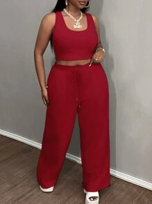 Slaydiva 2024 New Basic Casual 3pcs Set: Solid Color Long Sleeve Crop Top, Spaghetti Strap Camisole, Wide Leg Pants, Plus Size