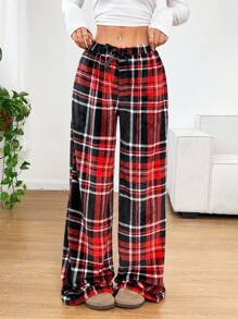 SHEIN EZwear 红色格纹编织阔腿休闲裤 秋冬 - 黑色 - 查看 1