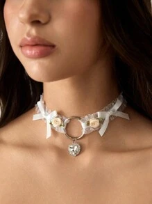 ROMWE Kawaii Japan Kawaii Lolita Lace Lovely Heart Crystal Pendant Necklace With Ruffle Choker For Women