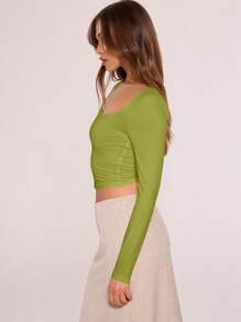 MUSERA Square Neck Fitted Long Sleeve Crop Top Vacation Casual Spring Summer - Olive Green - View 2
