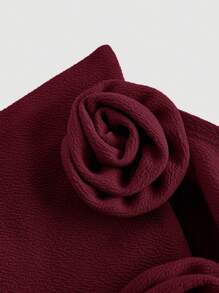 Girlism 少女复古不对称领口 3D 玫瑰迷你露肩连衣裙派对红色花朵抹胸连衣裙秋季服装，适合情人节、圣诞节 - 酒紅色 - 查看 4