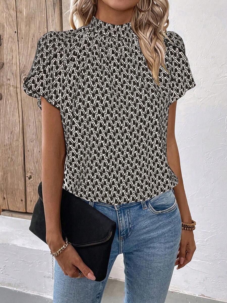 EMERY ROSE Áo sơ mi nữ cổ đứng in họa tiết hình học tay ngắn thường ngày - màu đen - Xem 1