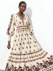 Maija Women V-Neck Long Sleeve Print Pleated Casual Dress Romantic, Fashion, Versatile; Suitable For Summer Vacation, Comfortable, Bohemian Style, Beach Wear, Swimsuit Cover-Up, Stylish, Elegant, Casual, , Simple Daily Wear, Country Style, Essential, Solid Color, Holiday Casual, Decent, Single Lady, Ideal For Vacation Elegant Fashion Business Casual Woman Going Out Tops Graduation Outfit European Summer Hawaii Outfits Women Summer Dresses For Women Streetwear Women Stockholm Style Teacher Outfits For Women