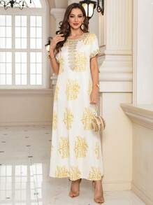 Al Najma Women's Elegant Long Metallic Printed Arabic Style Dress