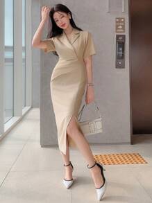 DAZY Đầm suông dài vừa phải xếp ly cổ bẻ màu trơn cho nữ thanh lịch - Màu Khaki - Xem 1