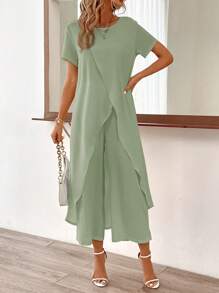 SHEIN Clasi 2pcs/Set Casual Solid Color Wrap Long Top And Long Pants