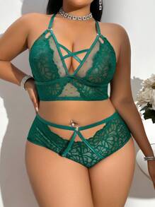 Plus Size Lace Patchwork Sexy Sheer Romantic Lingerie Set