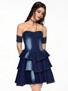 ROMWE Fairycore Women's Sexy Off Shoulder Ruffle Hem Denim Slip Dress