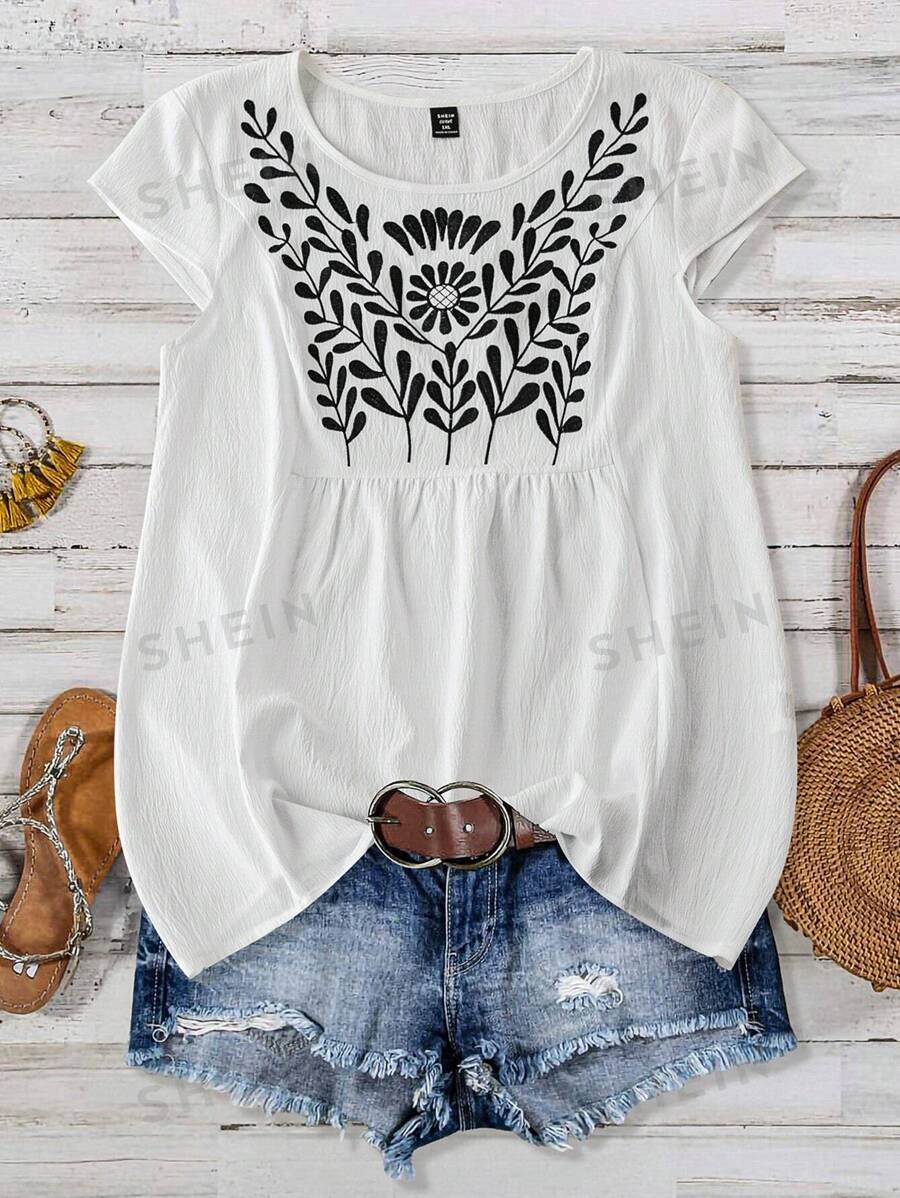 EMERY ROSE Blusa casual de vacaciones para mujer talla grande con cuello redondo, manga corta y bordado floral en la parte delantera