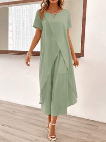 SHEIN Clasi 2pcs/Set Casual Solid Color Wrap Long Top And Long Pants
